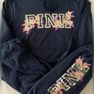 Victoria’s Secret PINK BLING Floral Hoodie Shirt Jogger Pants Set Ensign L NWT